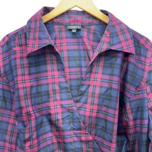 Womens Talbots Plaid Blouse Silk Cotton Purple Pink Blue Long Sleeve Top 20W
